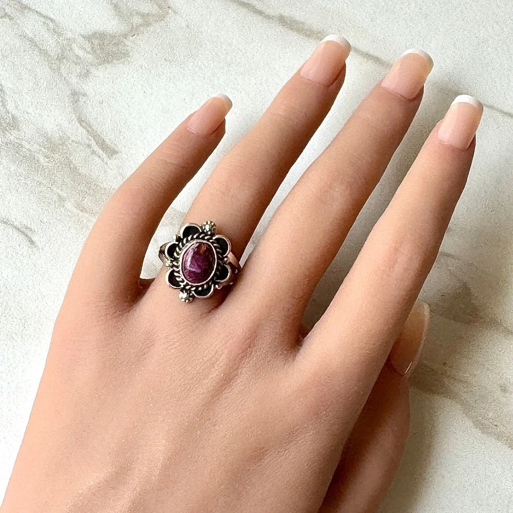 Navajo Flower Ring Purple Spiny Oyster Sz 9 Sterling Silver Native Signed Morgan